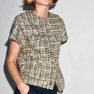 Zara NWOT Collection Gold/Black Sequin Tweed Button Down Vest M-L